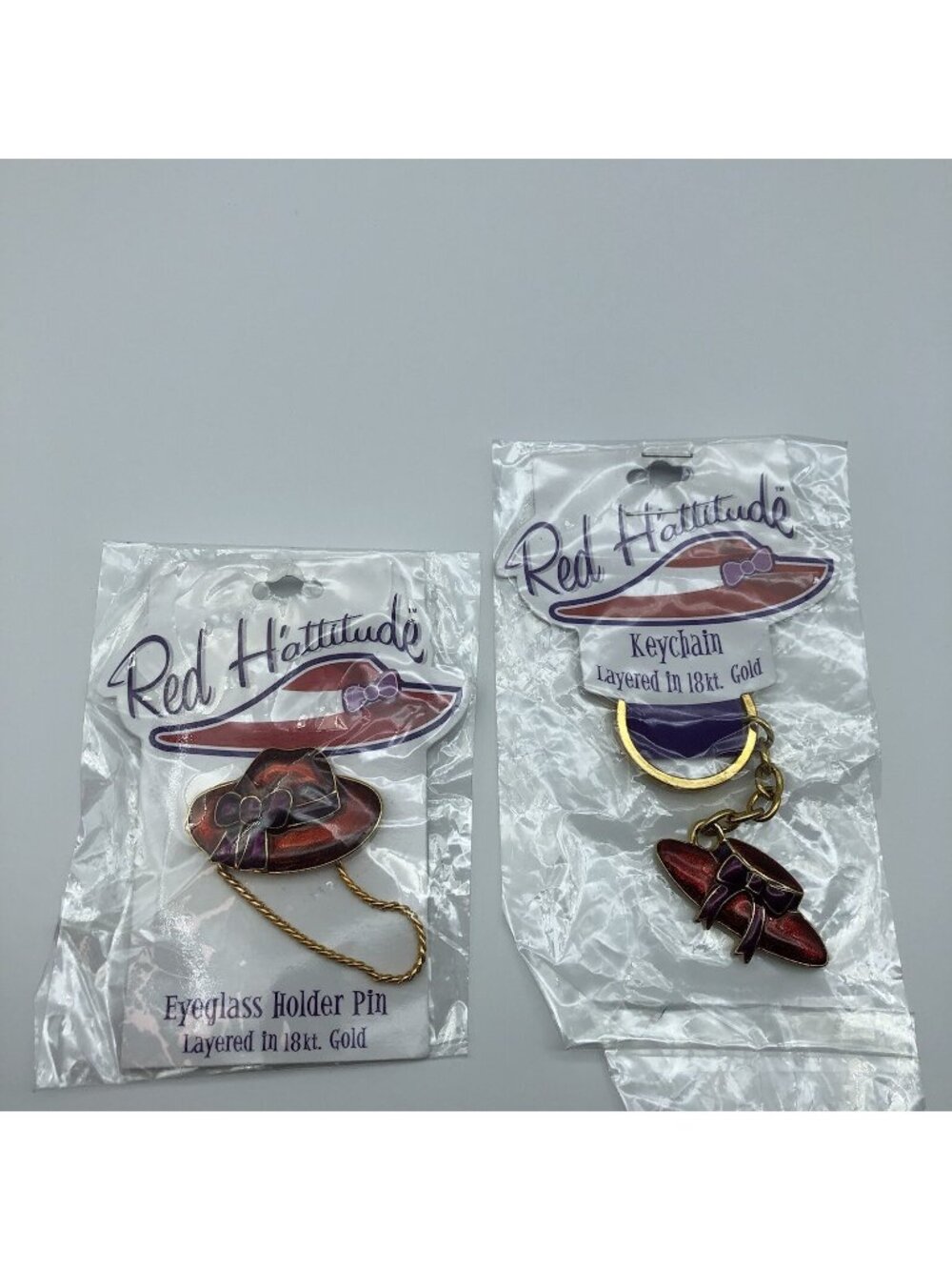 Red Hat Society pin & keychain stocking stuffer gifts on card